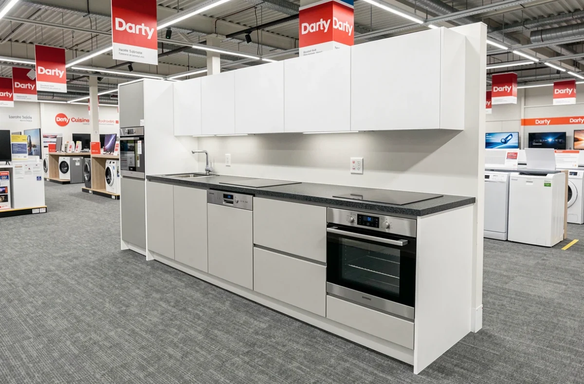 Cuisine Darty exposée à Toulouse avec électroménager intégré Bosch et Samsung dans un magasin grande surface