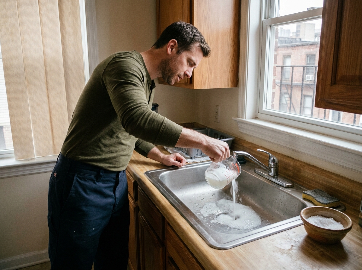 Homme versant un mélange bicarbonate et vinaigre dans l'évier pour déboucher l'évacuation