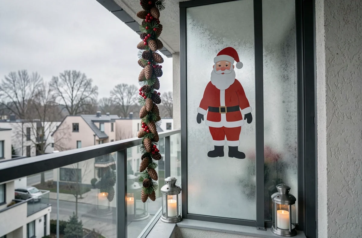 Balcon moderne décoré avec Père Noël en sticker sur vitre, lanternes LED et guirlande verticale de pommes de pin pour Noël