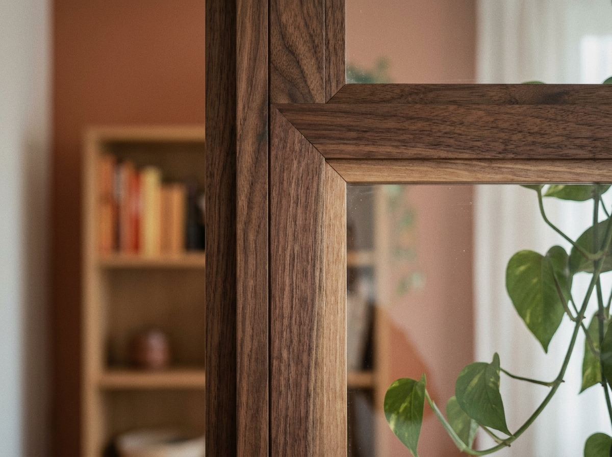 Détail gros plan d'un assemblage d'angle de verrière en bois noyer dans un intérieur moderne
