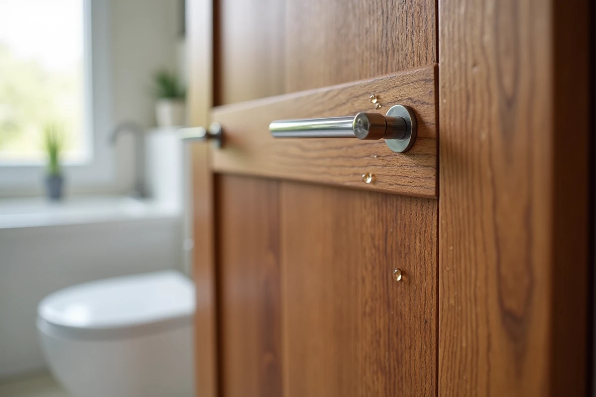 Gros plan sur une porte de meuble de salle de bain en bois d'iroko avec grain entrelacé et gouttes d'eau sur la surface huilée