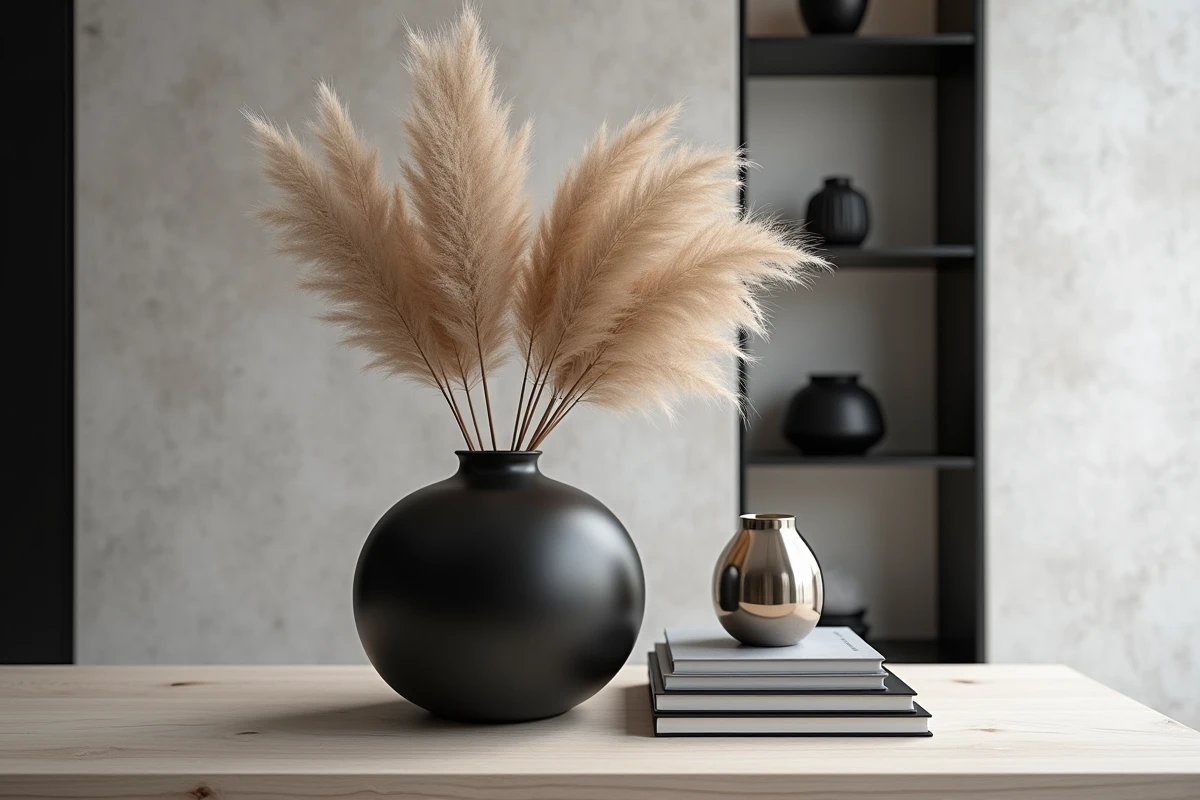 Détail décoratif salon noir et blanc avec vase céramique noir, herbes de la pampa et livres empilés sur étagère en chêne blanc