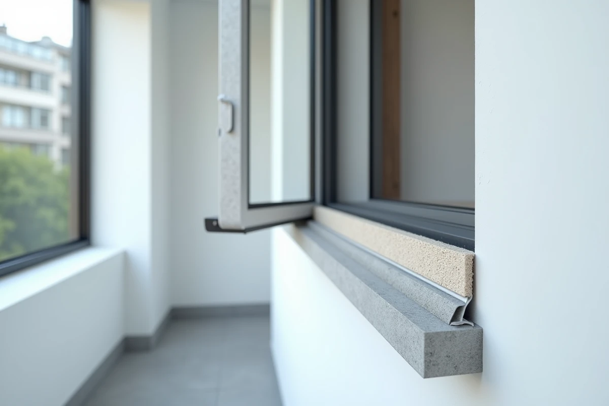 Détail d'un joint de fenêtre PVC avec bande compribande et mastic d'étanchéité en coupe transversale