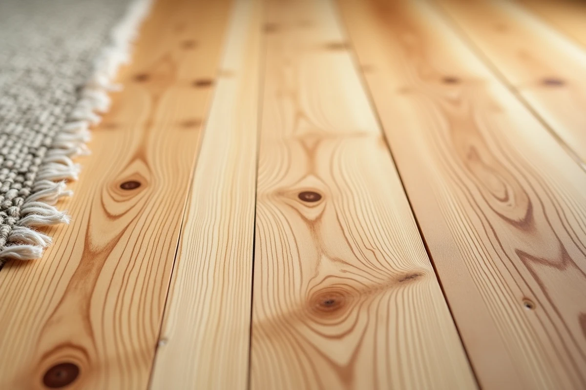 Gros plan sur les lames de parquet massif en pin avec veines et nœuds naturels visibles