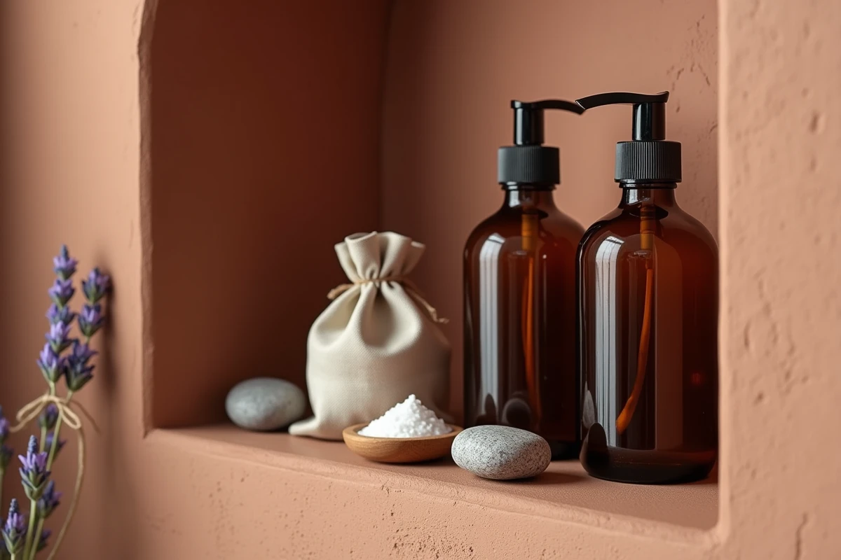 Détail d'une niche murale spa dans une salle de bain 4m2 avec produits naturels et décoration artisanale