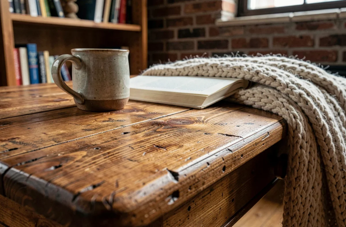 Gros plan sur la surface patinée d'une table basse en bois vintage avec tasse en céramique et plaid en laine dans un coin lecture chaleureux