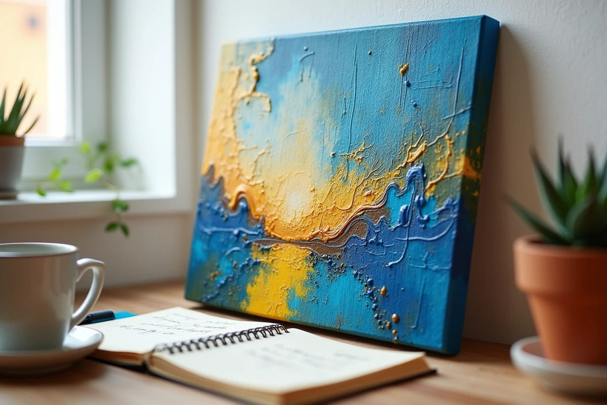 Gros plan d'un tableau coloré aux textures riches posé dans un coin de bureau avec carnet et plante succulent