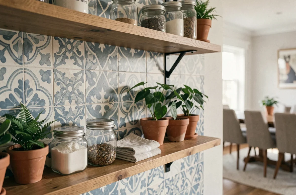 Gros plan sur une tapisserie lavable motif carreaux marocains en cuisine ouverte avec étagères décoratives