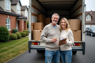 Couple souriant avec camion de déménagement ouvert