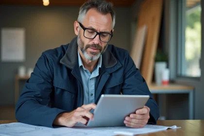 Artisan consultant examinant un devis en ligne sur tablette dans un bureau professionnel de rénovation