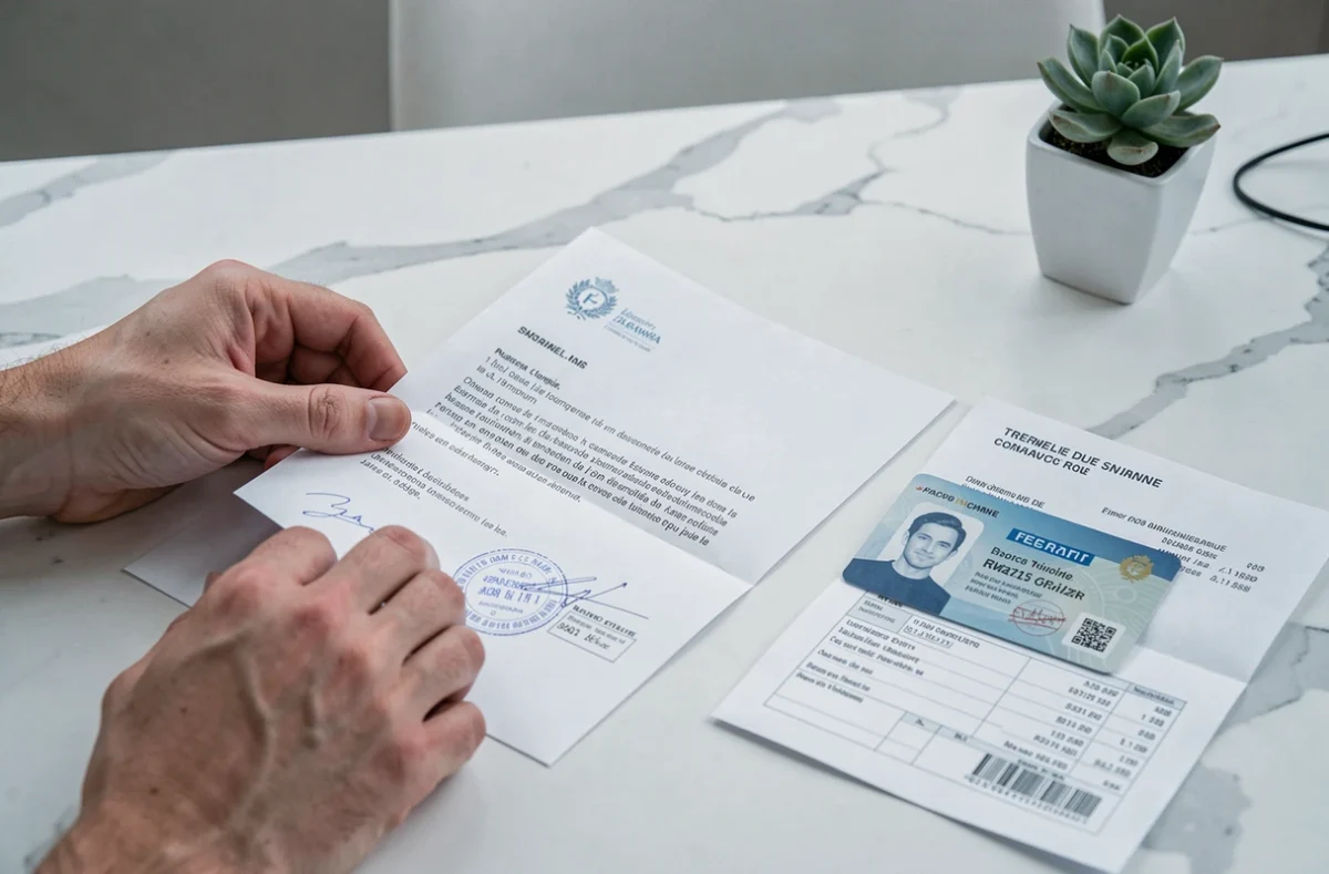 Gros plan sur des documents administratifs pour justificatif de domicile posés sur un bureau blanc