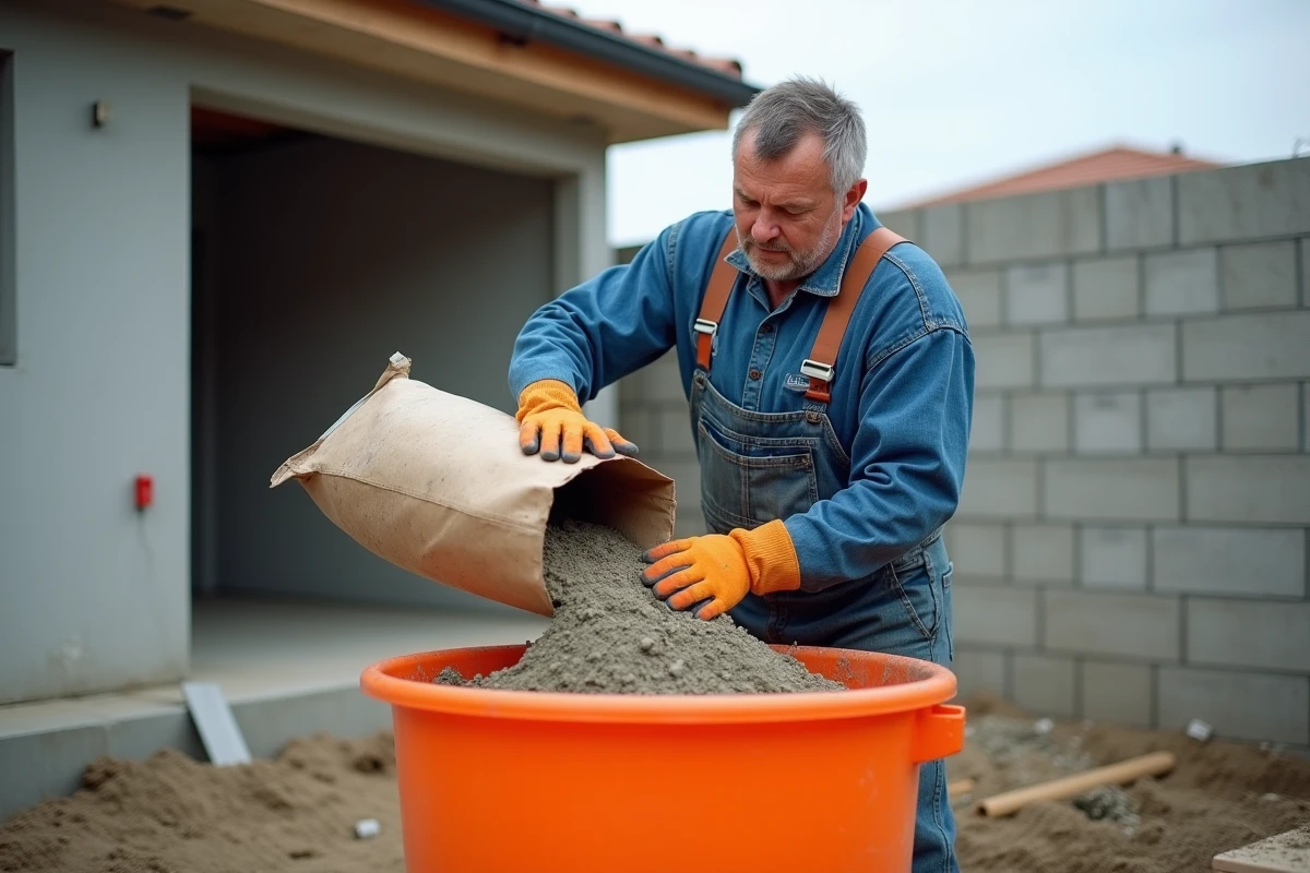 Ouvrier versant un sac de béton de 35 kg dans une auge de gâchage sur un chantier résidentiel