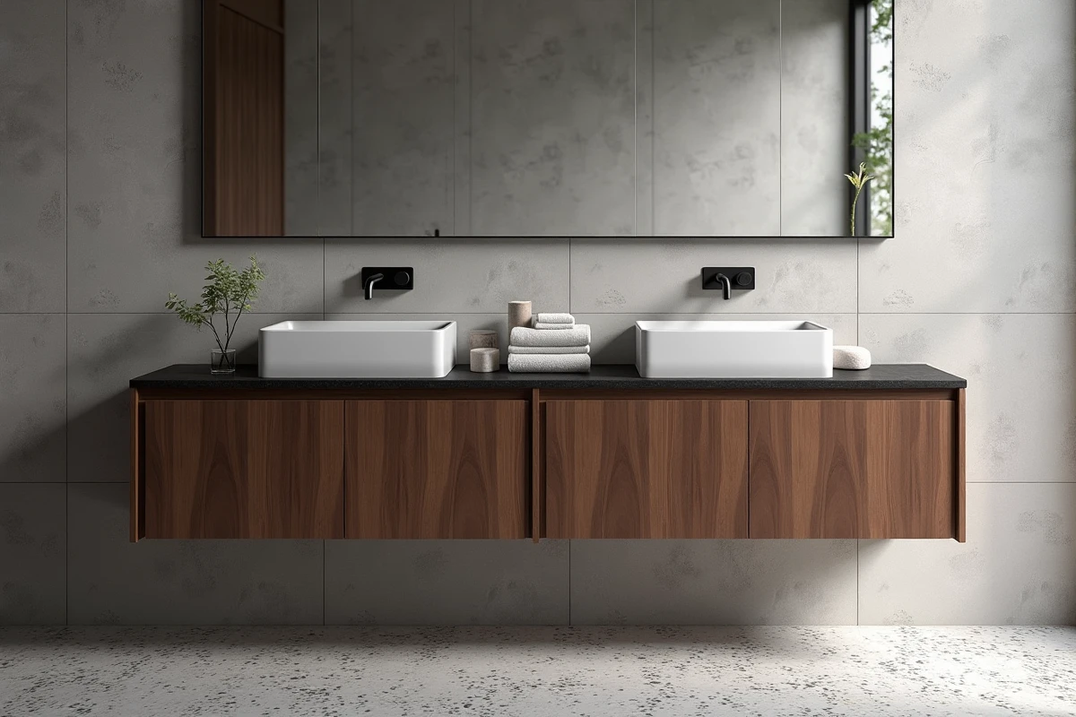 Salle de bain design avec double meuble vasque flottant en wengé et bambou, comptoir sombre et accessoires naturels sur sol en terrazzo