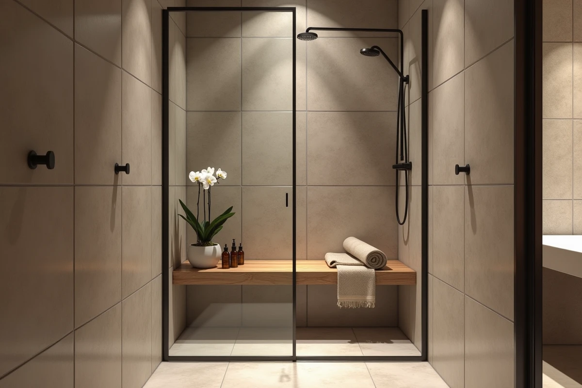 Douche à l'italienne dans une salle de bain sans WC aménagée en spa minimaliste avec étagère en teck