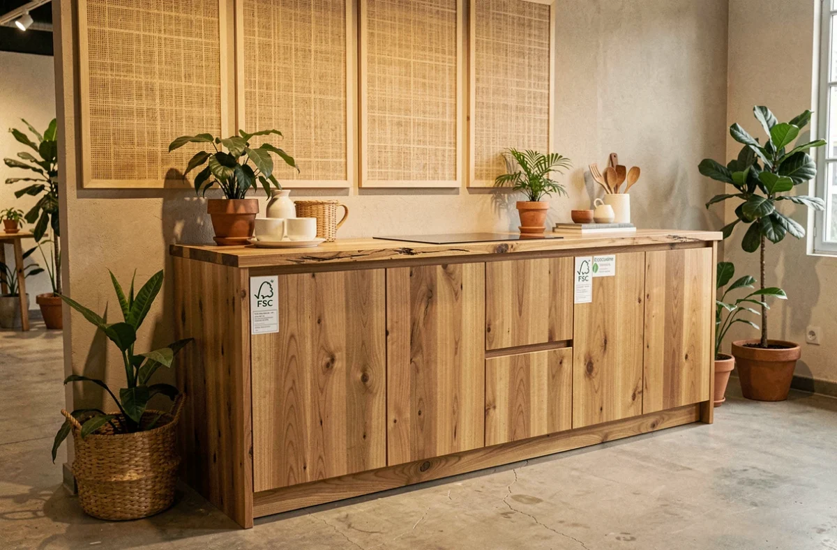 Cuisine écologique Ecocuisine à Toulouse avec façades en bois recyclé et plan de travail en chêne massif