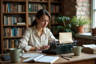 Femme écrivain concentrée tapant sur une machine à écrire mécanique vintage dans un bureau à domicile chaleureux entouré de livres et de notes manuscrites
