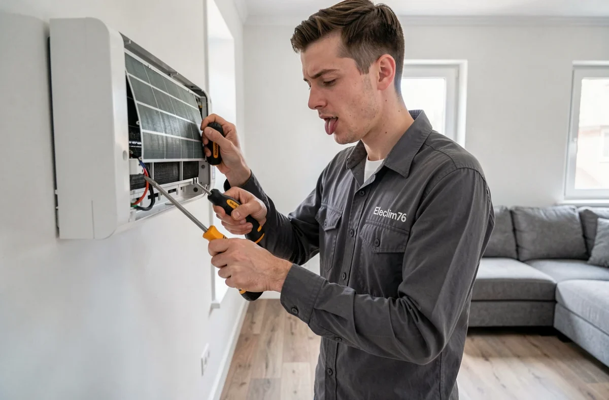 Technicien Eleclim76 en train de finaliser l'installation d'une unité intérieure de climatisation dans un salon moderne en Seine-Maritime