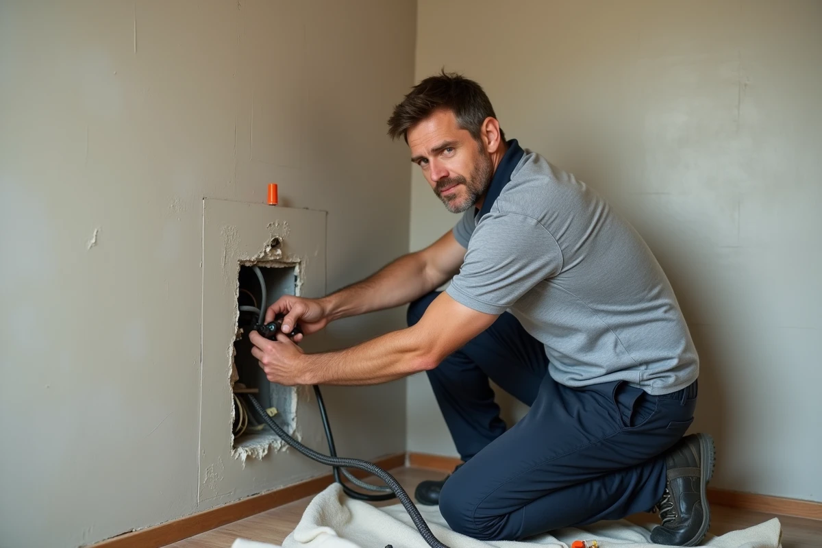 Électricien installant une prise TV murale encastrée pour antenne 4K UHD dans une pièce en cours de rénovation