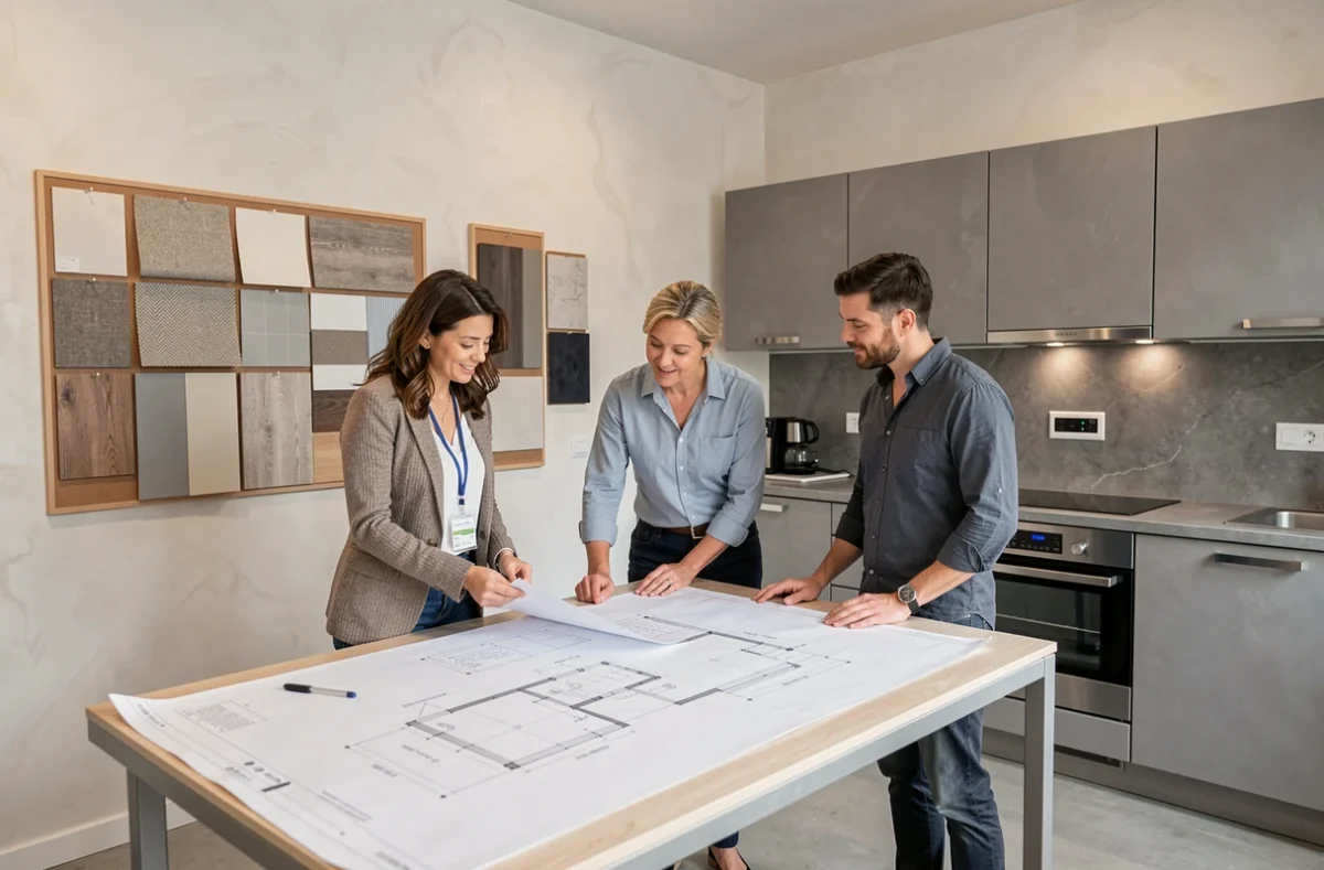 Cuisiniste Energie Weishaar présentant un projet d'aménagement intérieur global à des clients dans un studio de design à Strasbourg