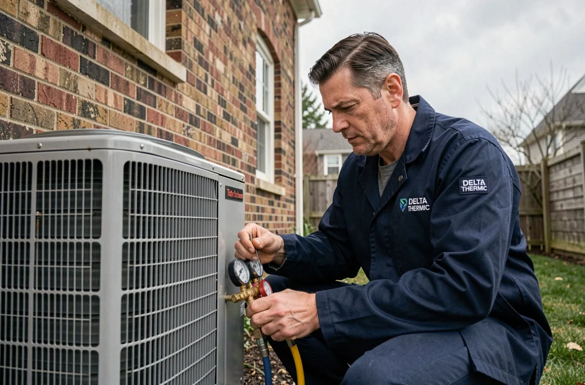 Technicien de l'entreprise Ets Delta Thermic installant une unité de climatisation extérieure sur une maison normande en Seine-Maritime