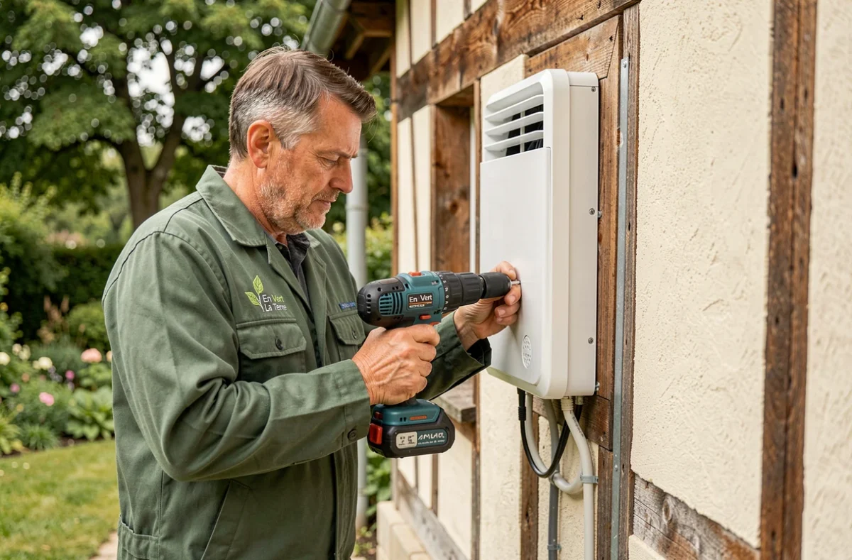 Technicien de l'entreprise Ets En Vert La Terre installant une pompe à chaleur air-air sur une maison à colombages typique de Seine-Maritime
