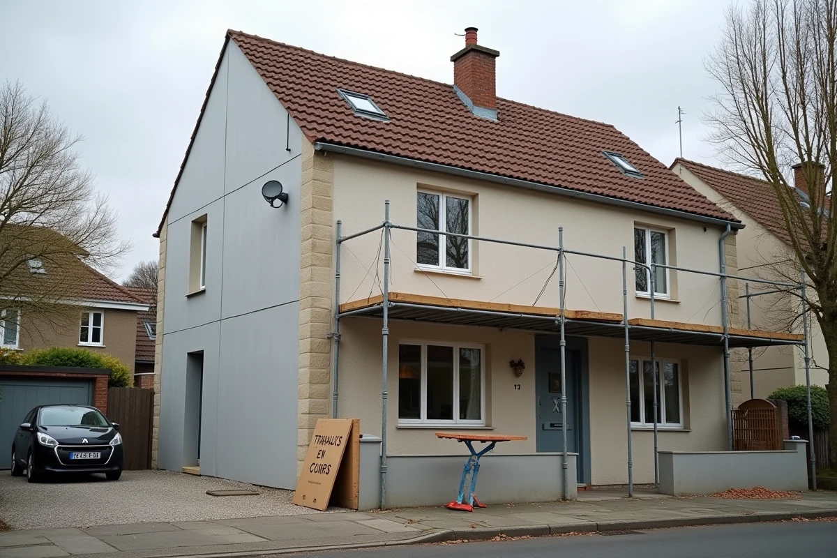 Façade de maison individuelle en cours de rénovation thermique extérieure illustrant le contraste avant-après d'une rénovation Effi 65