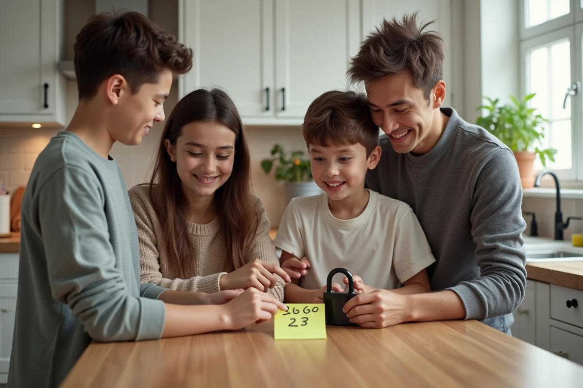 Famille partageant le nouveau code d'un cadenas à 3 chiffres autour de la table de cuisine
