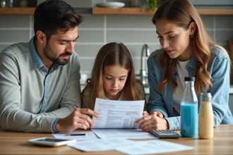 Famille autour de la table vérifiant la facture d'eau