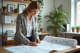 Femme d age moyen en bureau lumineux examinant des plans