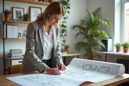 Femme d age moyen en bureau lumineux examinant des plans