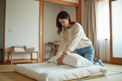 Femme dans la quarantaine arrangeant un futon sur tatami