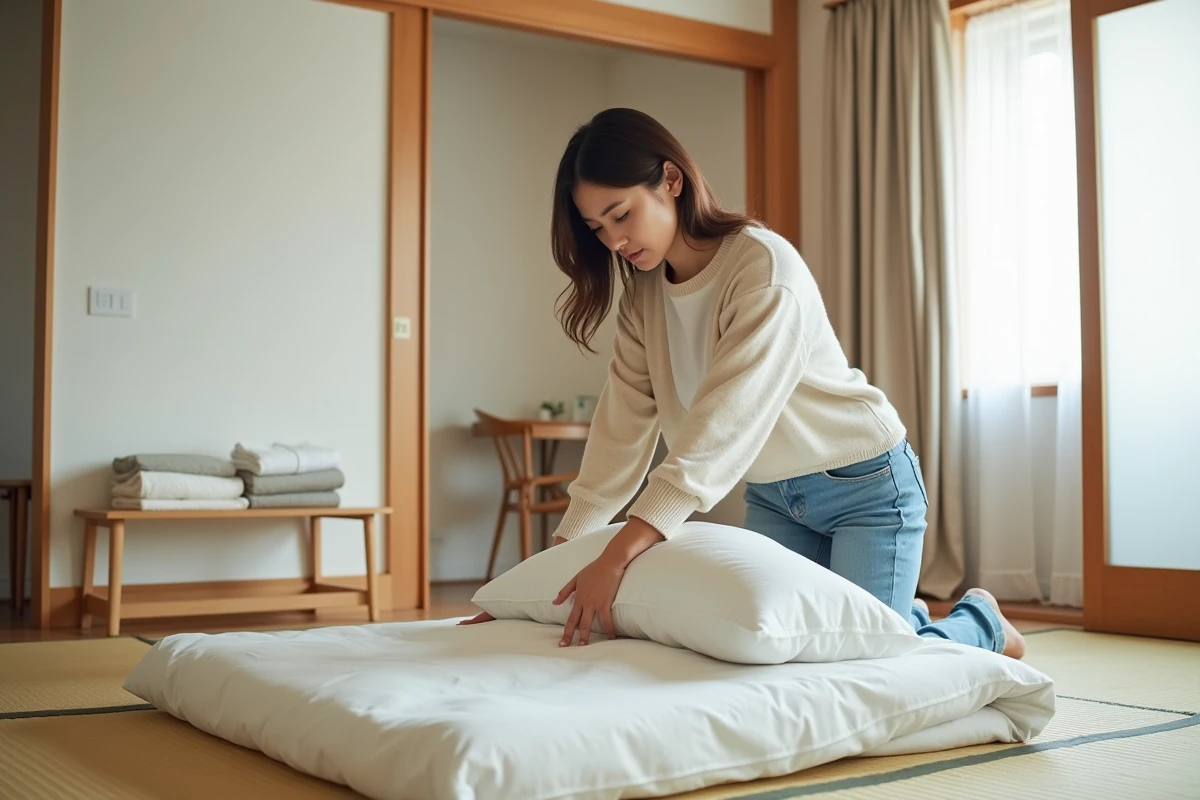 Femme dans la quarantaine arrangeant un futon sur tatami