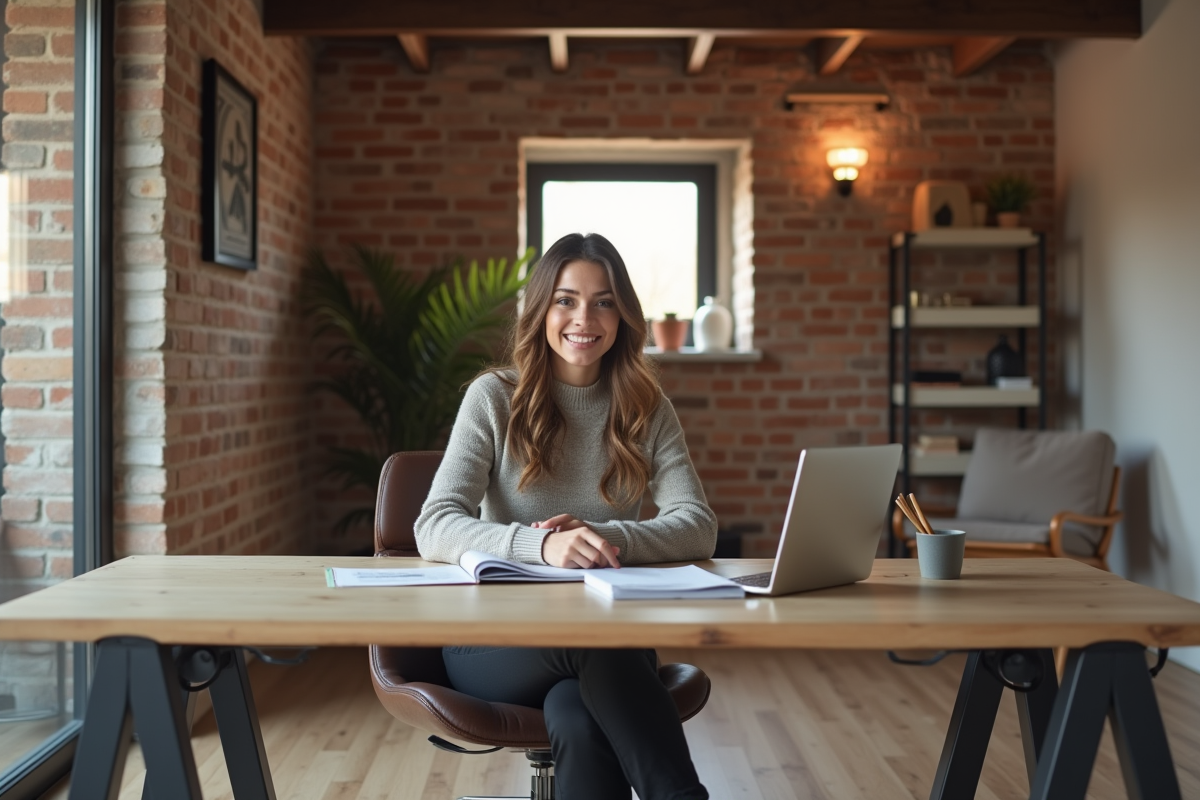 Femme assise dans un bureau moderne dans un sous-sol rénové