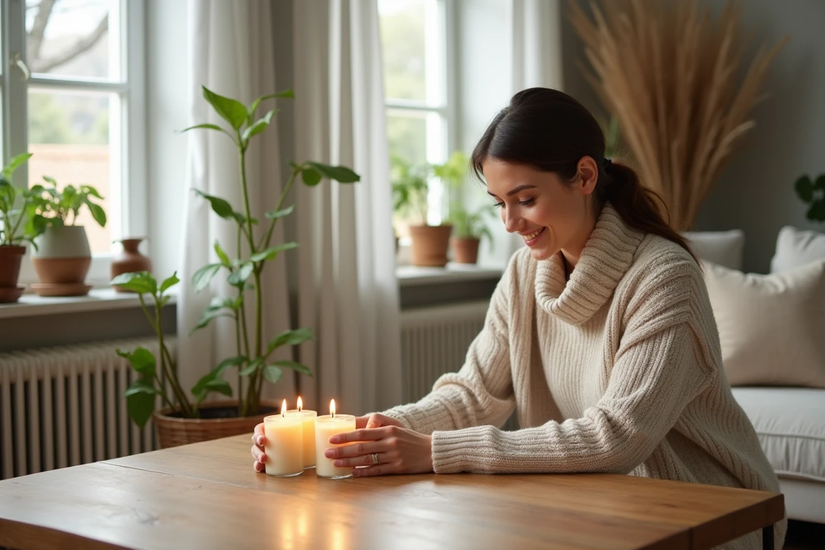 Femme souriante avec bougies naturelles dans un salon cosy