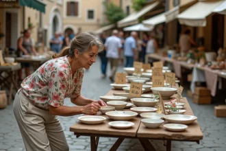 Femme examinant des céramiques vintage sur une table de vide grenier dans un village du Deux-Sèvres