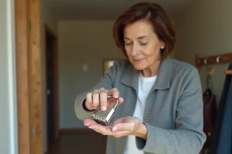 Femme changeant le code d'un cadenas à 3 chiffres dans un couloir de maison familiale