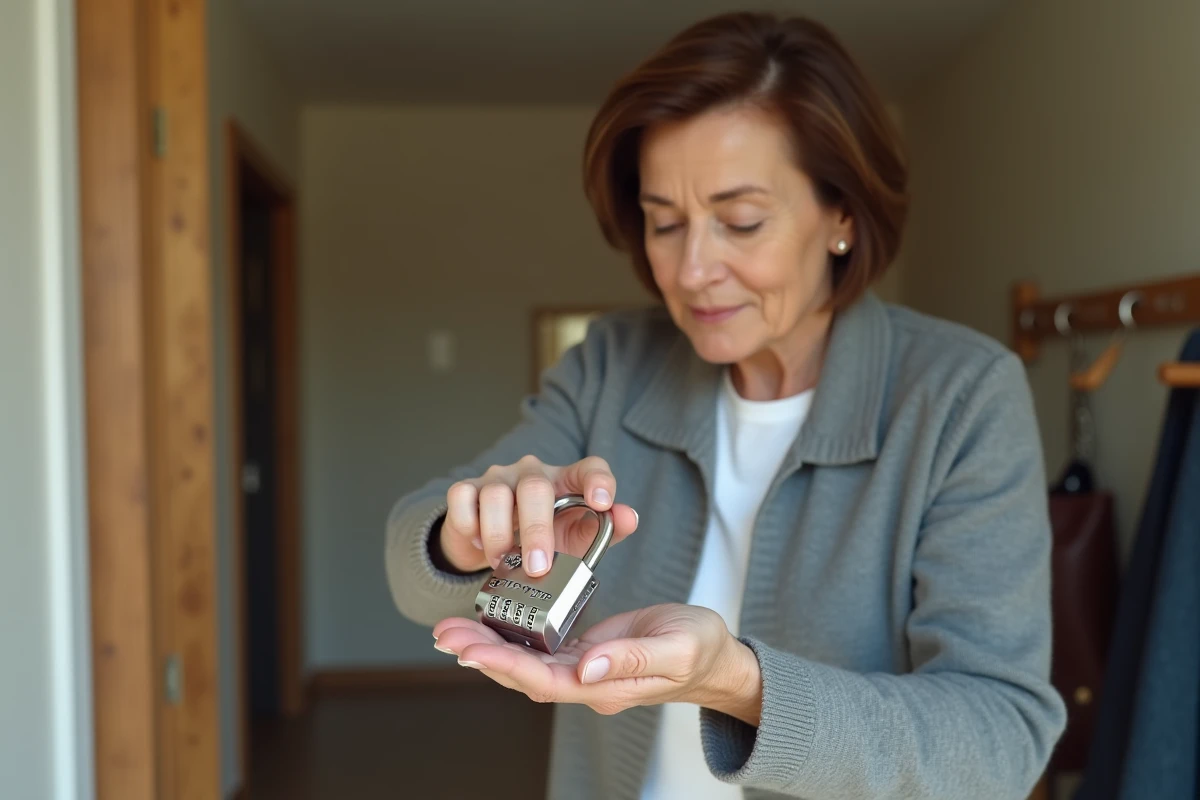 Femme changeant le code d'un cadenas à 3 chiffres dans un couloir de maison familiale