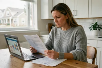 Femme comparant des offres d'assurance habitation sur ordinateur portable avec des documents imprimés sur une table en bois