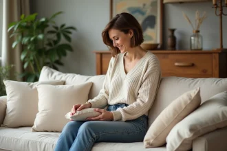 Femme souriante arrangeant des coussins dans un salon cosy