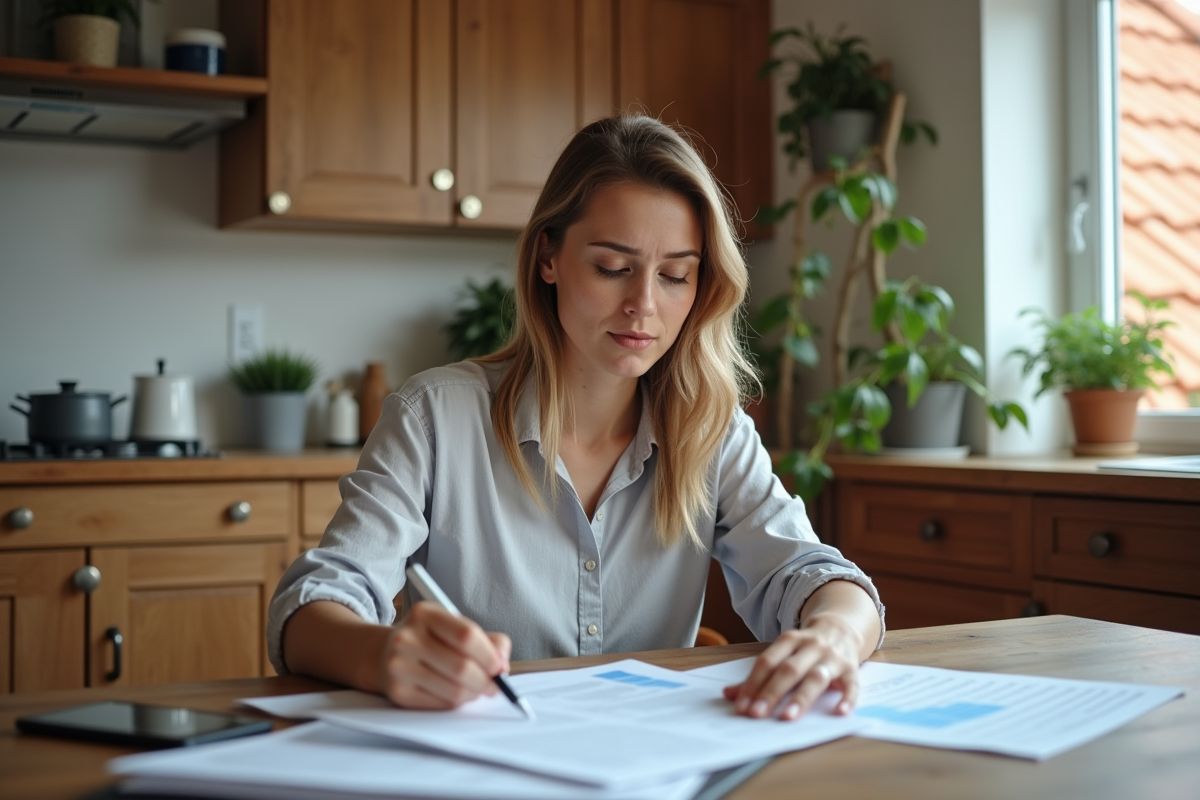 Femme examinant des factures de toiture à la maison