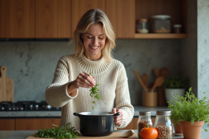 Femme souriante saupoudrant des herbes fraîches dans la cuisine