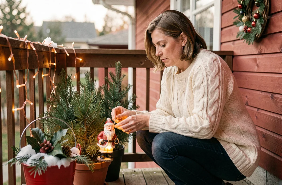 Femme arrangeant une figurine de Père Noël lumineuse sur un petit balcon en bois décoré de plantes et de guirlandes de Noël