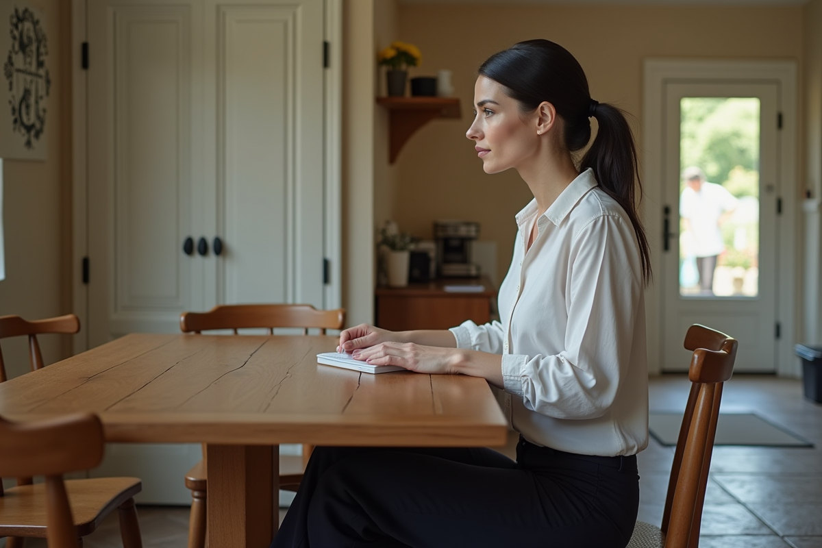 Femme assise à une table dans un coin repas avec décoration élégante