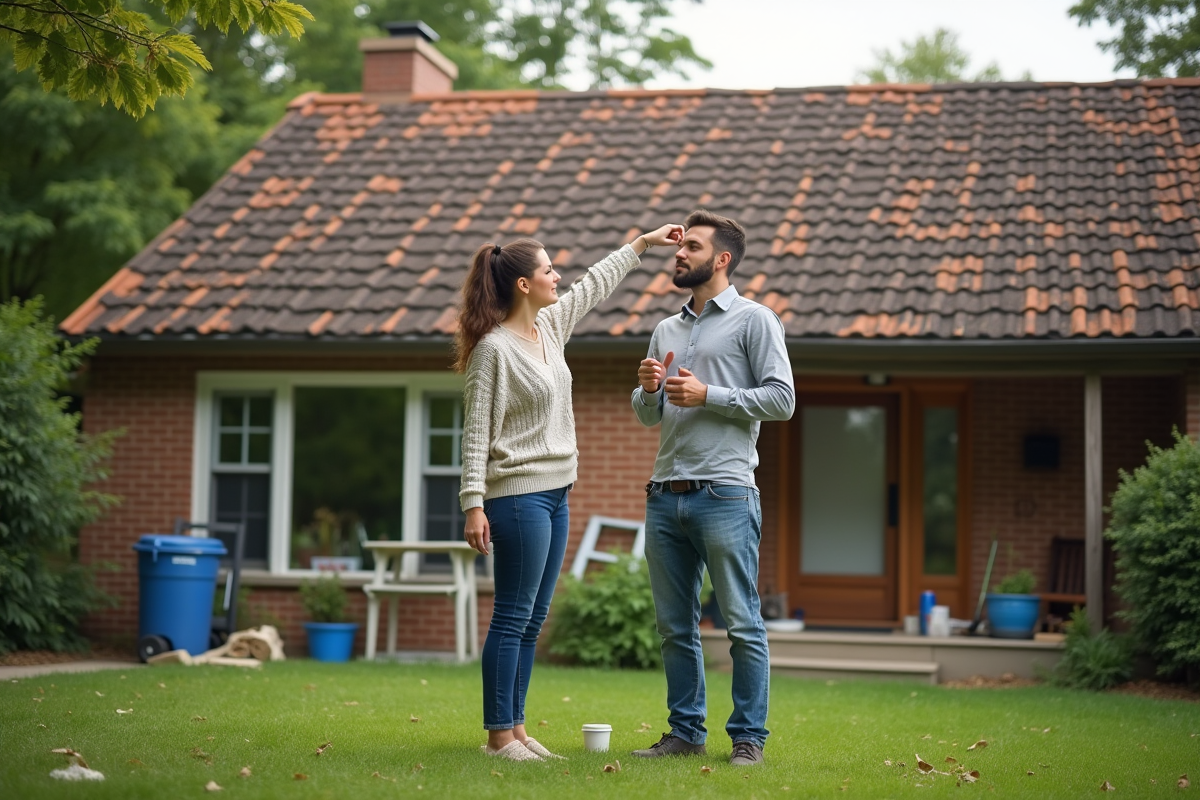 Jeune femme montrant le toit à un professionnel dans le jardin