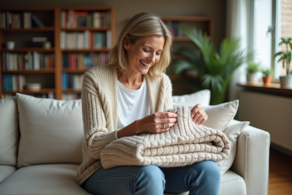 Femme souriante ajuste un plaid dans un salon chaleureux