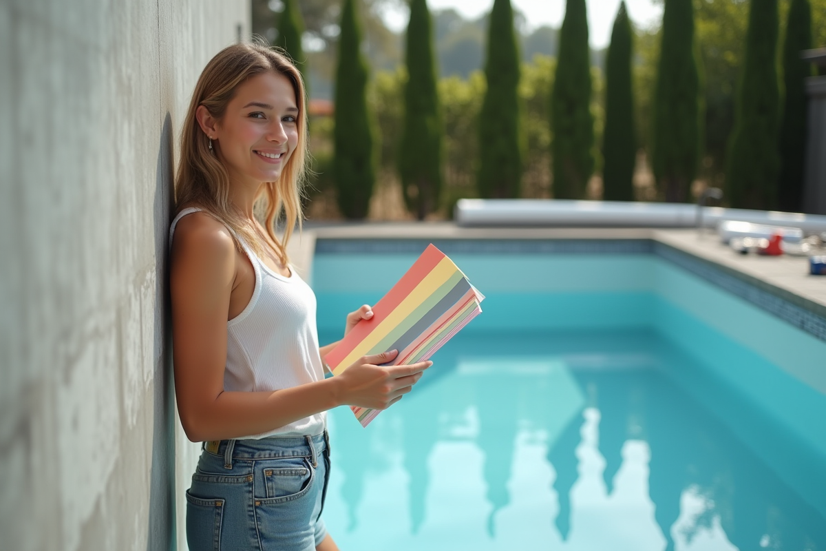 Jeune femme tenant des échantillons de liner de piscine en rénovation