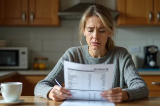 Femme qui examine sa facture mensuelle Verisure à la maison pour réduire ses dépenses de télésurveillance