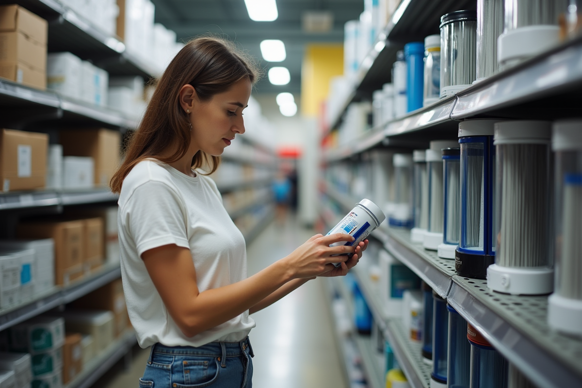 Jeune femme comparant des filtres à eau en magasin de bricolage