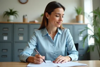 Femme remplissant des formulaires administratifs dans un bureau lors d'un emménagement définitif