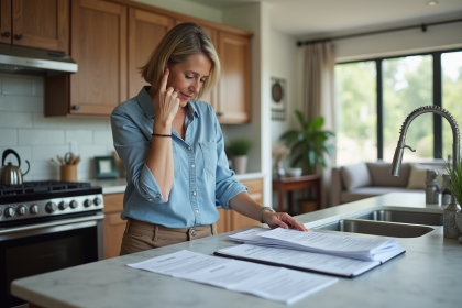 Femme d'âge moyen dans une cuisine moderne examine des documents fiscaux